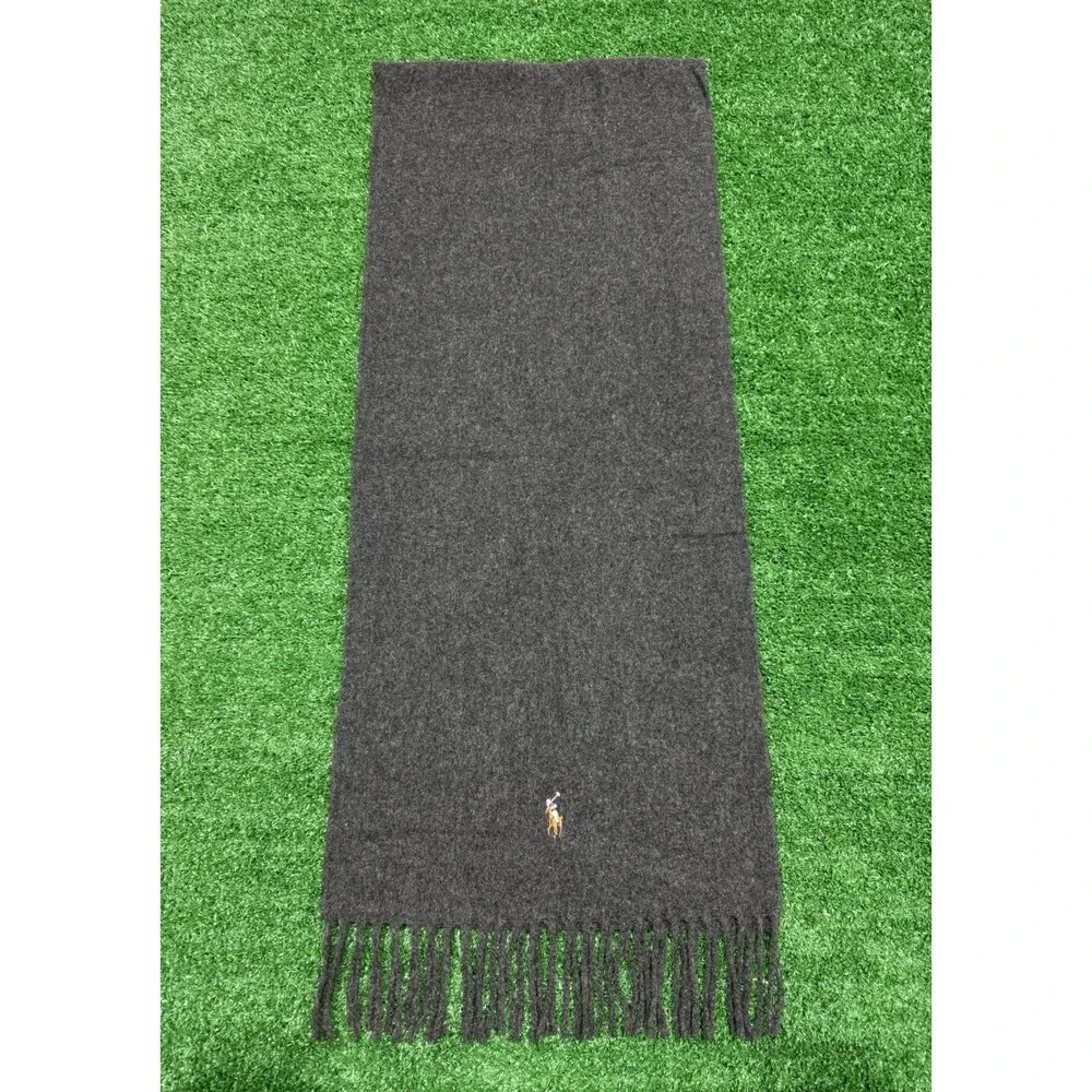 Polo Ralph Lauren Italy Charcoal Grey Wool/Cashmere Fringe Scarf Polo Pony Logo